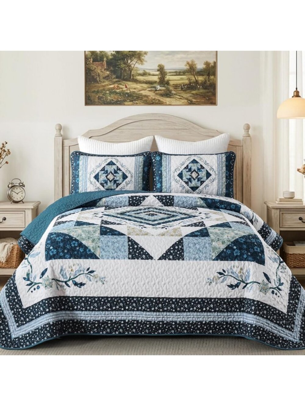 Boho Patchwork Queen Quilt Set - Navy Blue Floral Farmhouse Bedspread